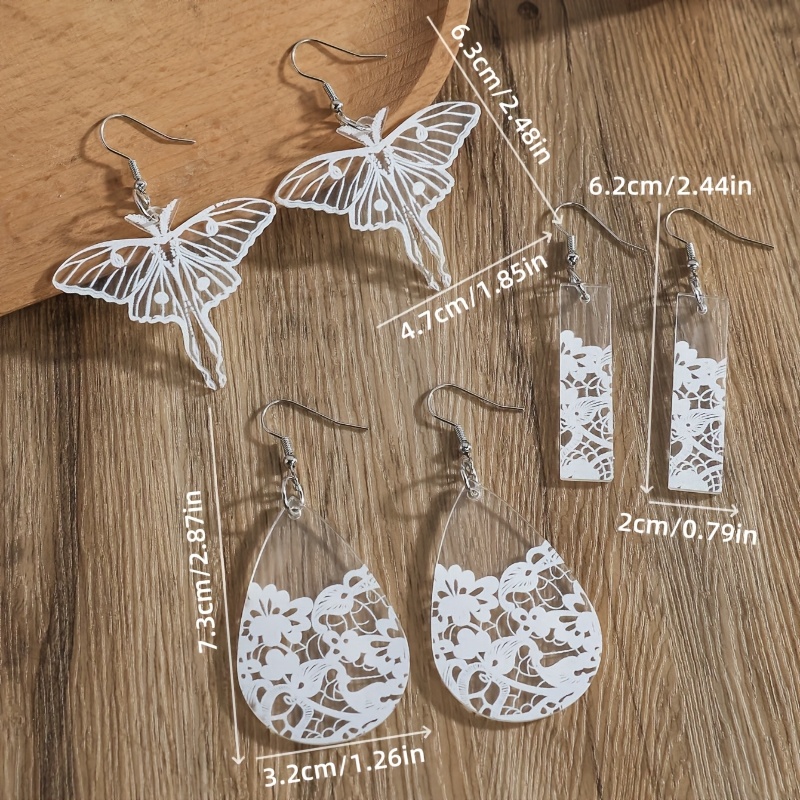 Transparent Acrylic Rectangular Teardrop Butterfly Print Earrings